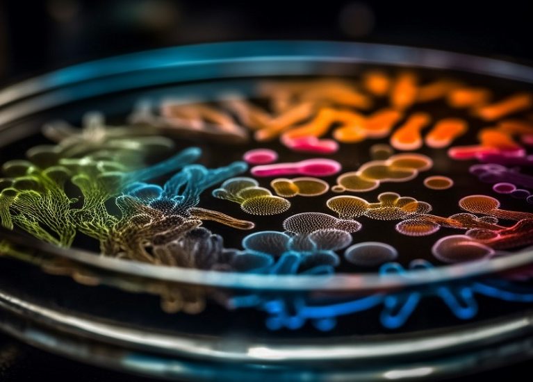 Multi colored bacterium pattern on metal equipment generated by artificial intelligence