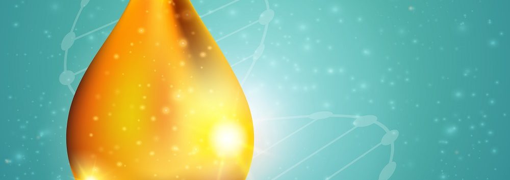 Collagen solution golden drop with illuminated glossy surface sparks on blue spotty background with dna vector illustration