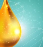 Collagen solution golden drop with illuminated glossy surface sparks on blue spotty background with dna vector illustration