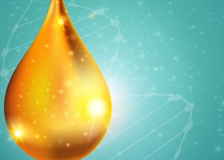 Collagen solution golden drop with illuminated glossy surface sparks on blue spotty background with dna vector illustration